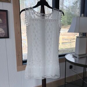 Favolook Boho White Lace Pom Pom Trim Sleeveless Mini Dress Summer Festival Sz M